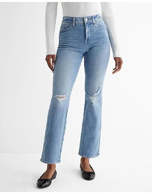 Ripped Flared Jeans Light Blue Fashionable Straight Fit Denim
