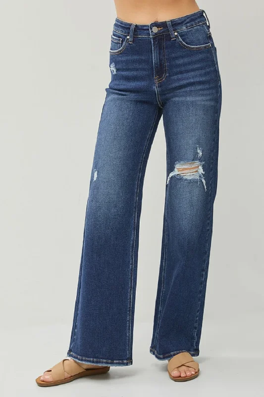 RISEN High Rise Distressed Wide Leg Jeans Stylish Shredded Denim Jeans