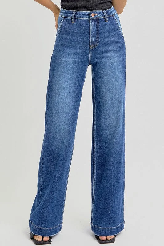 Rudy High Rise Slanted Pocket Wide Leg Jeans Dark Wash Fashionable Frayed Hem Denim