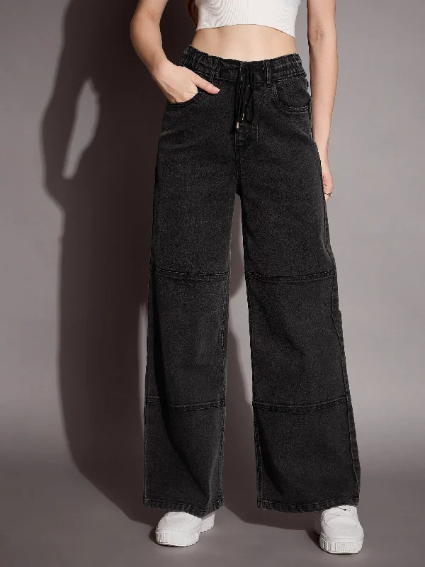 Women Black Wash Straight Fit Drawstring Jeans Stylish Relaxed Fit Skinny Jeans