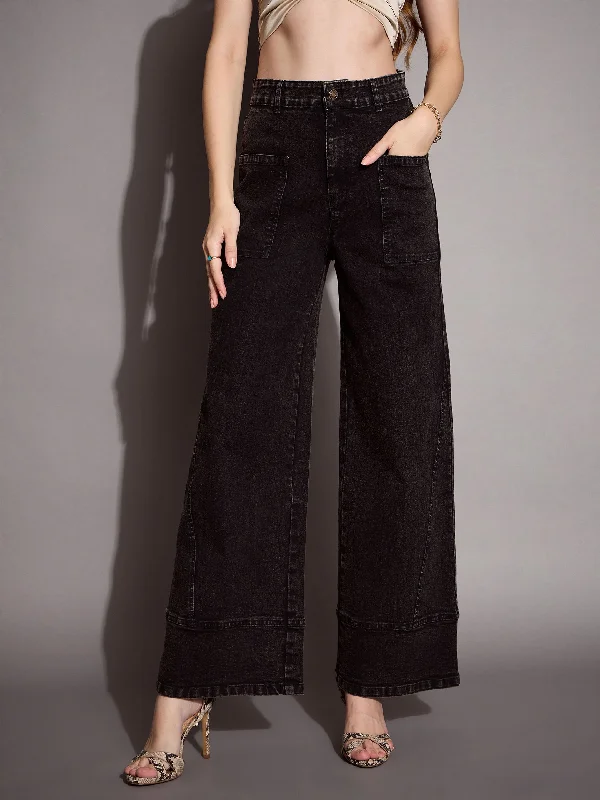 Women Black Wash Patch Pocket Wide Leg Jeans Elegant Tapered Leg Denim