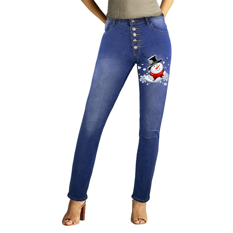 Snow Man's Delight Women's Christmas Jeans Comfortable Faded High-Rise Jeans