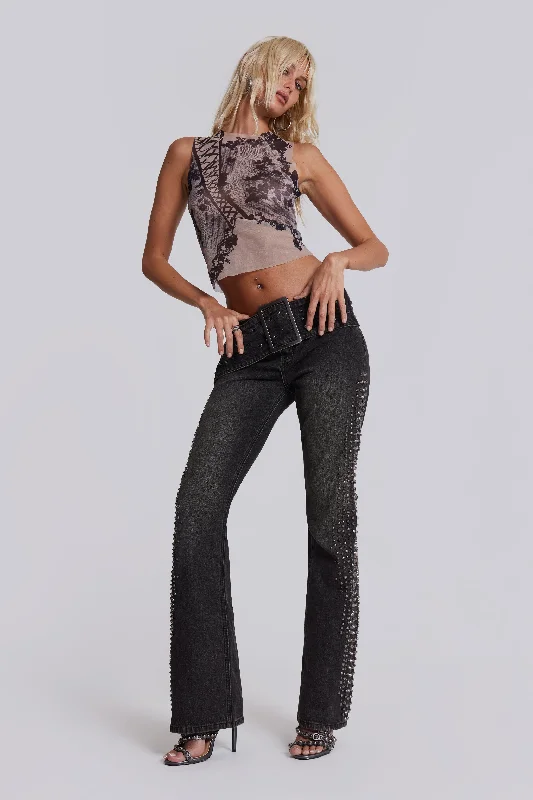 Studded Up Denim Jeans Stylish Paperbag Waist Denim