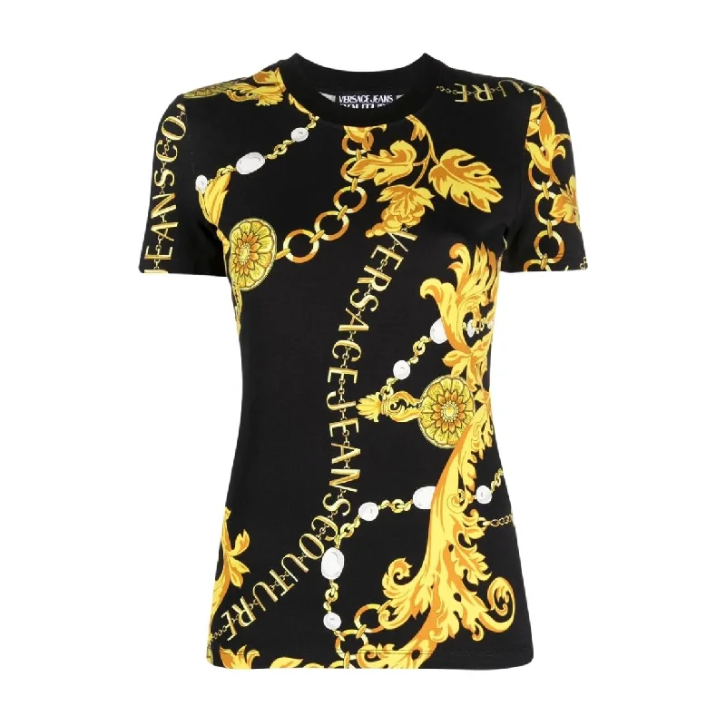 Versace Jeans Couture Interlock Chain Couture Black T-Shirt Elegant High-Waisted Flared Jeans