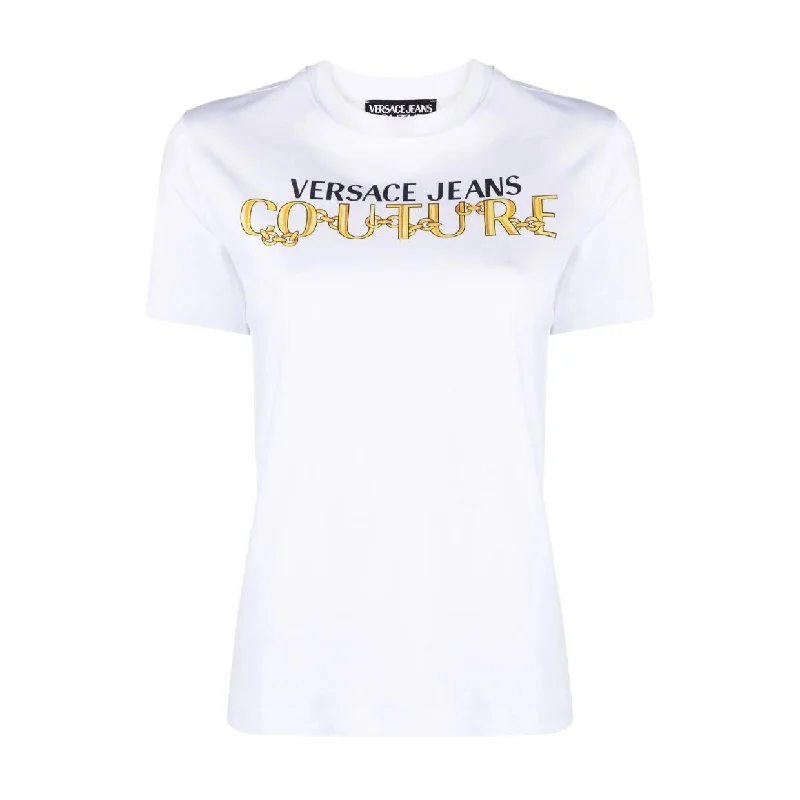 Versace Jeans Couture Chain Logo White T-Shirt Trendy Cut-Off Denim Shorts