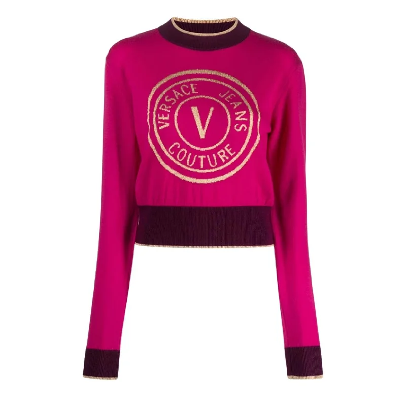 Versace Jeans Couture V Emblem Pink Wool Sweater Comfortable Flare Leg Jeans