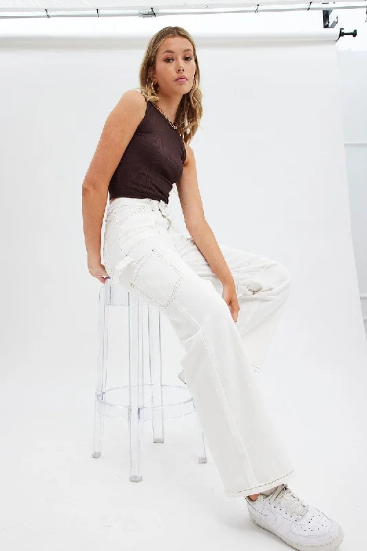 White Cargo Jeans Mid Rise Trendy Cut-Off Denim Shorts