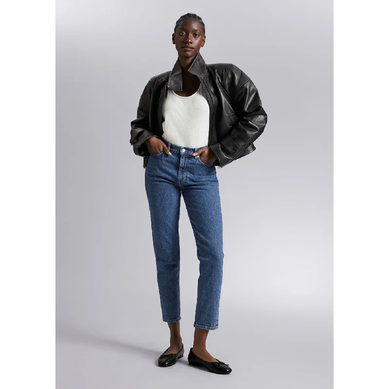 Tapered Leg Mid Blue Jeans Comfortable Low-Rise Jeans