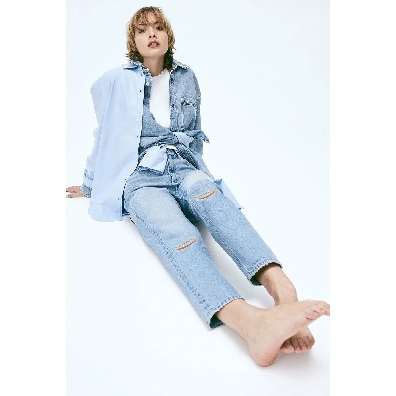 Light Blue Mom Ripped Jeans Comfortable Faded High-Rise Jeans