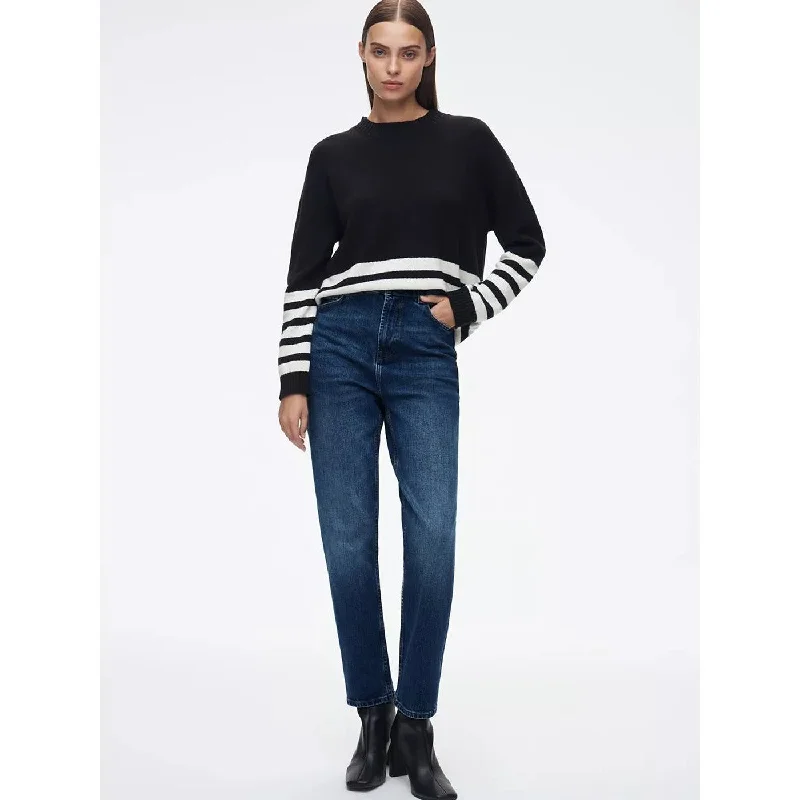 Dark Blue Mid Rise Slim Mom Jeans Casual Loose Fit Jeans