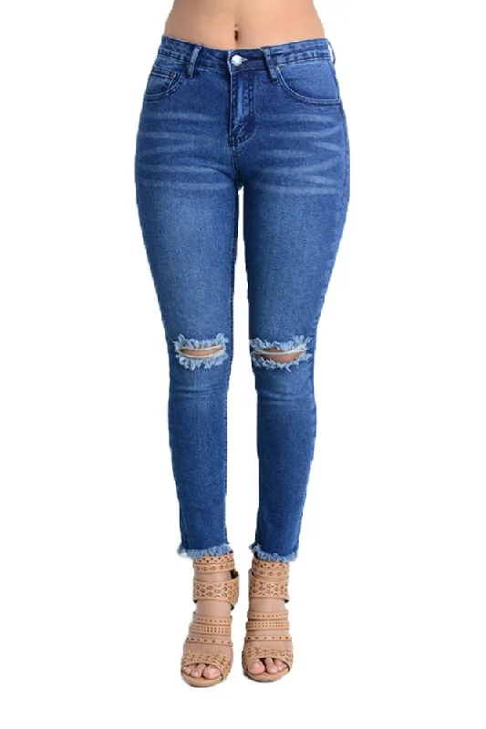 Women's Cut and Frayed Skinny Fit Jeans Comfortable Mid-Rise Jeans