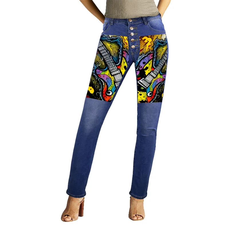 Women's Jeans (Front&Back Printing)guitar Trendy Cut-Off Denim Shorts