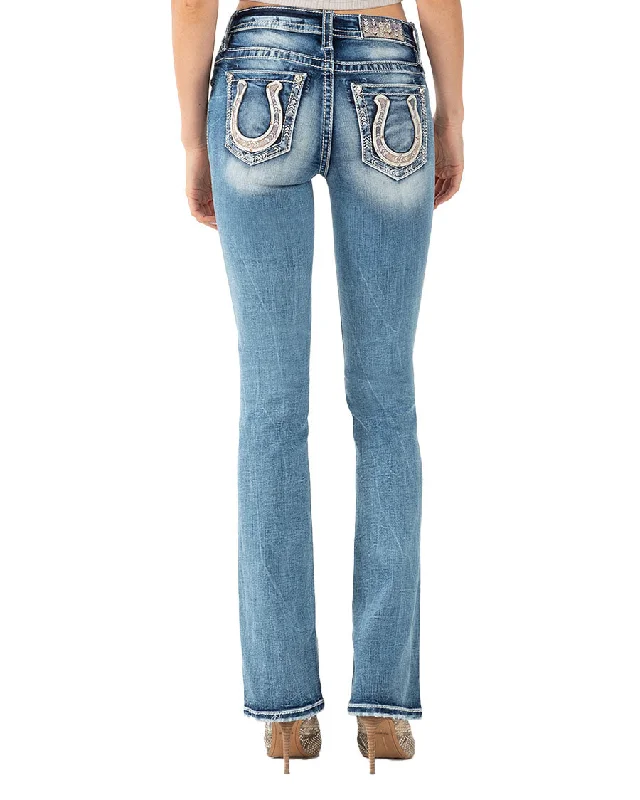 Women's Lucky Horseshoe Mid-Rise Bootcut Jeans Stylish High-Waist Jeans