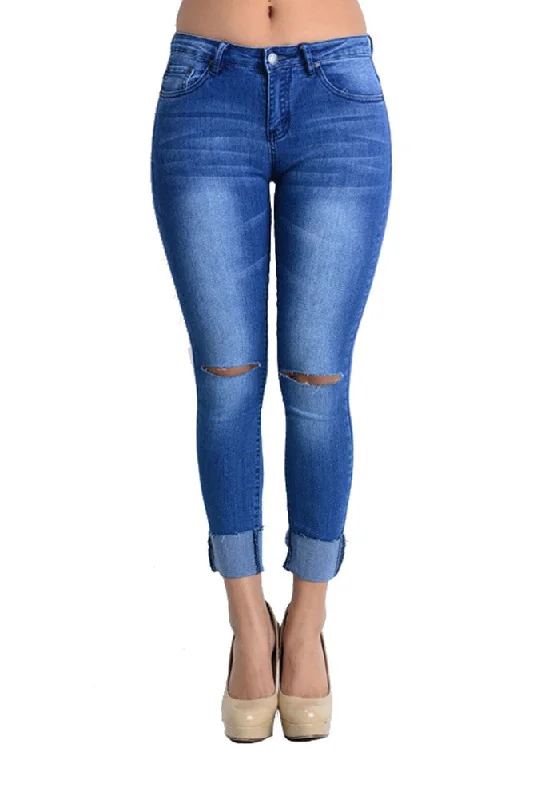 Women's Ripped Knee Cuffed Skinny Jeans Stylish High-Rise Mom Jeans