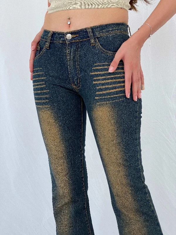 Y2K Dong Fang Li Geng Washed Flare Jeans Trendy Patchwork Denim Jeans